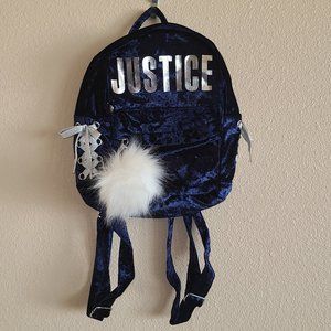 Justice Navy Blue Velvet and Silver Glitter Tie Backpack With White Pom Pom EUC
